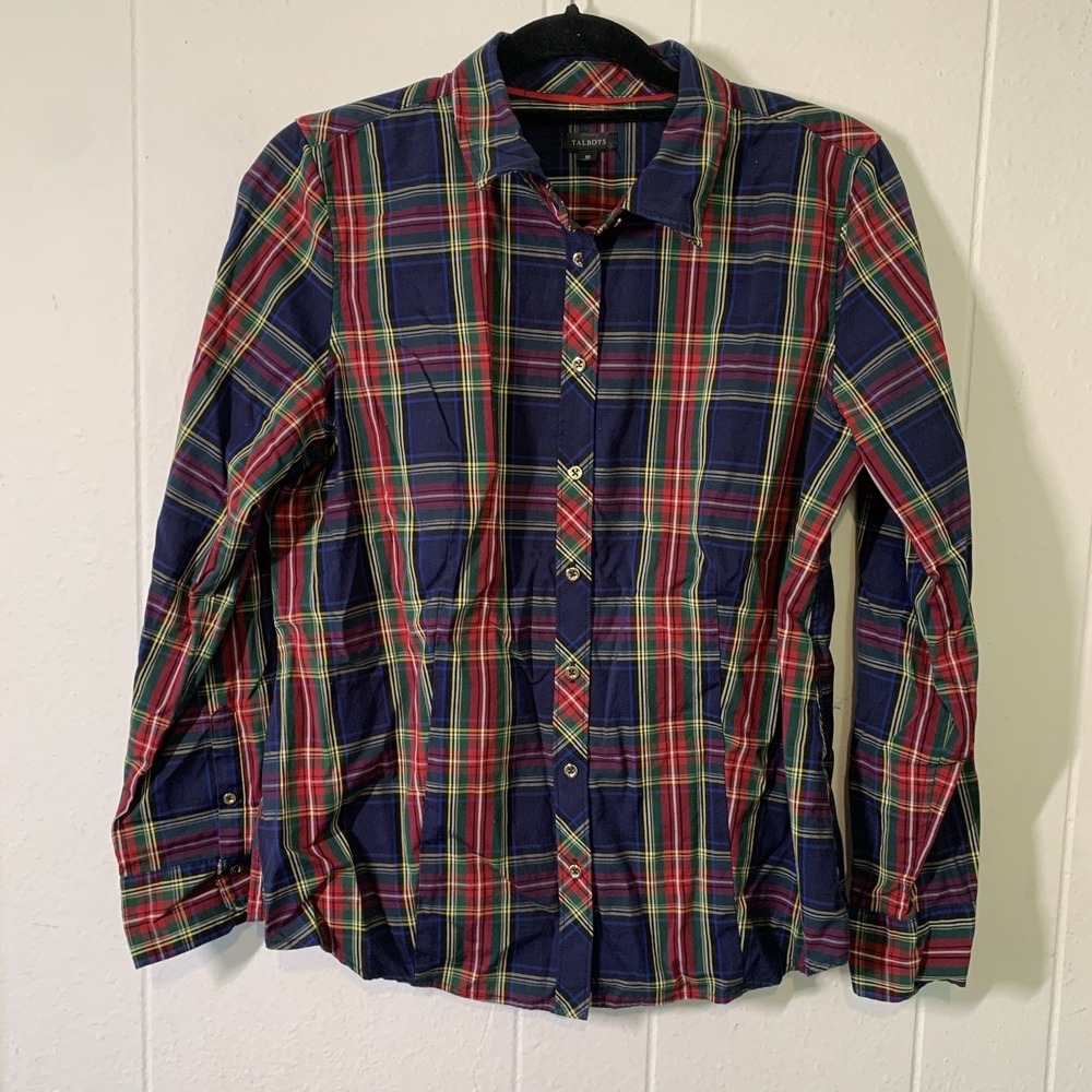 Talbots Womens 10 Shirt Button Up Long Leave Plaid Holiday Red Gold Buttons